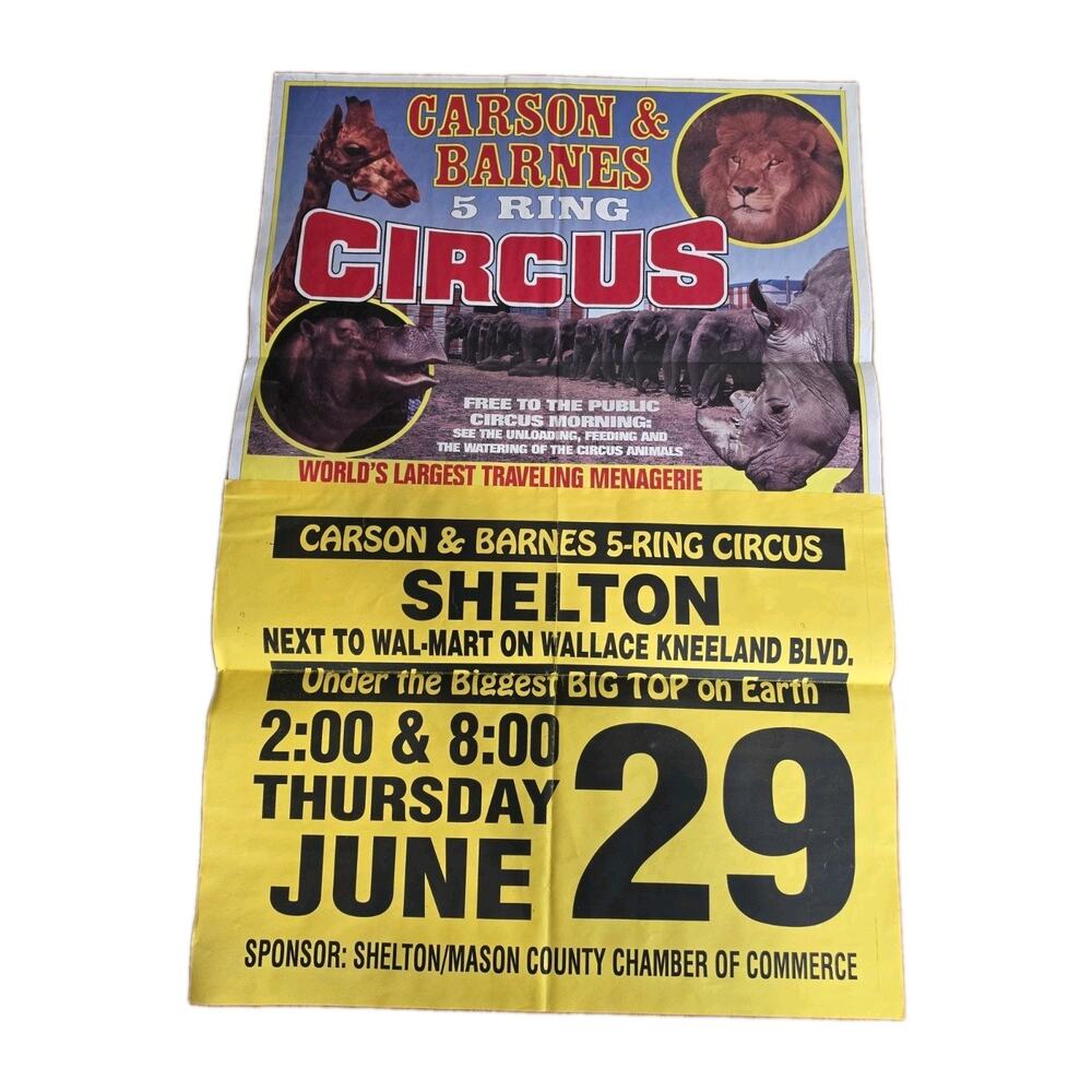 Vtg Carson & Barnes 5 Ring Circus Poster Shelton WA Elephants Lion Hippo Rhino